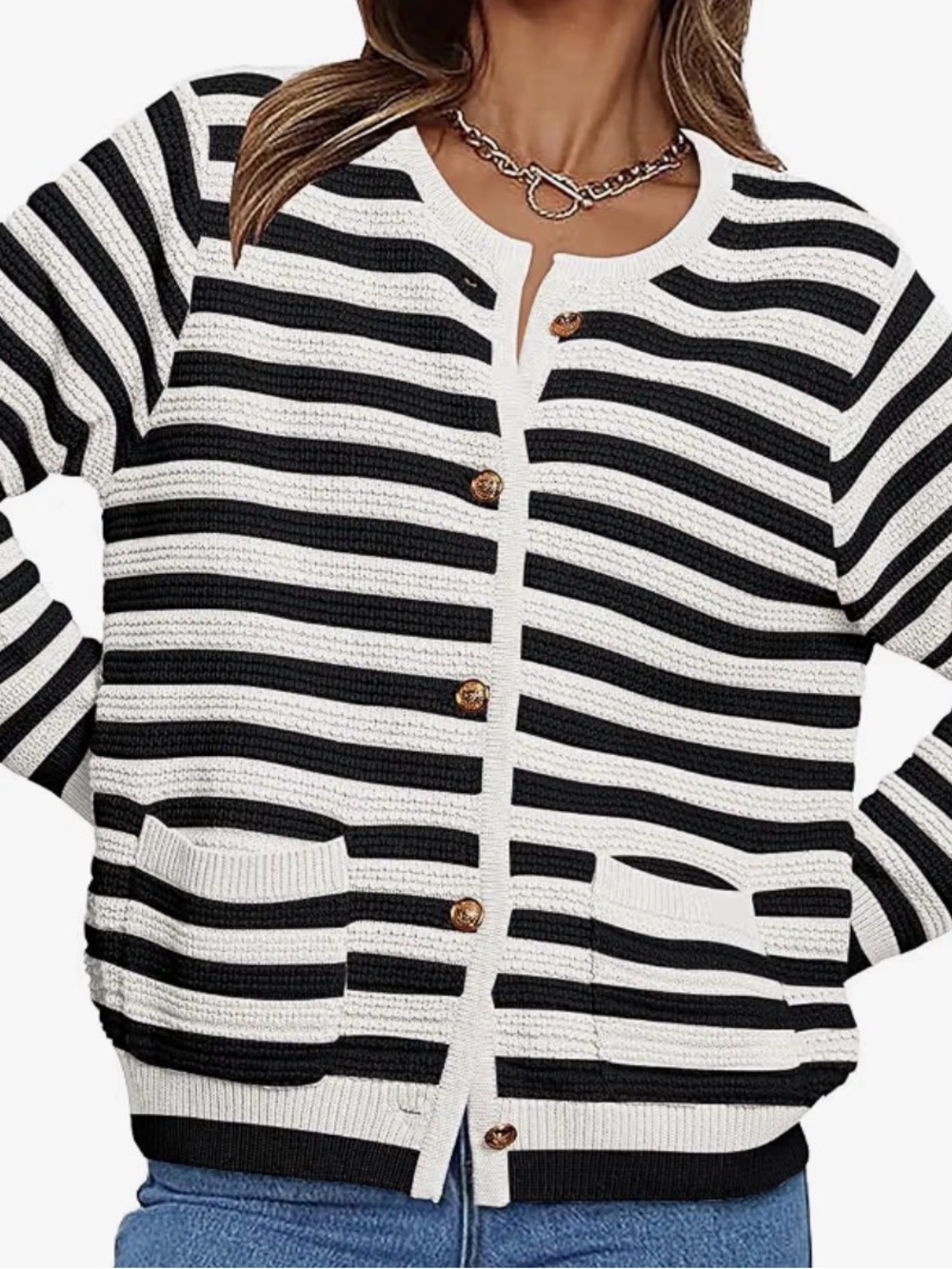 Women’s Striped Black & White Button Cardigan Sweater with Gold Buttons XL